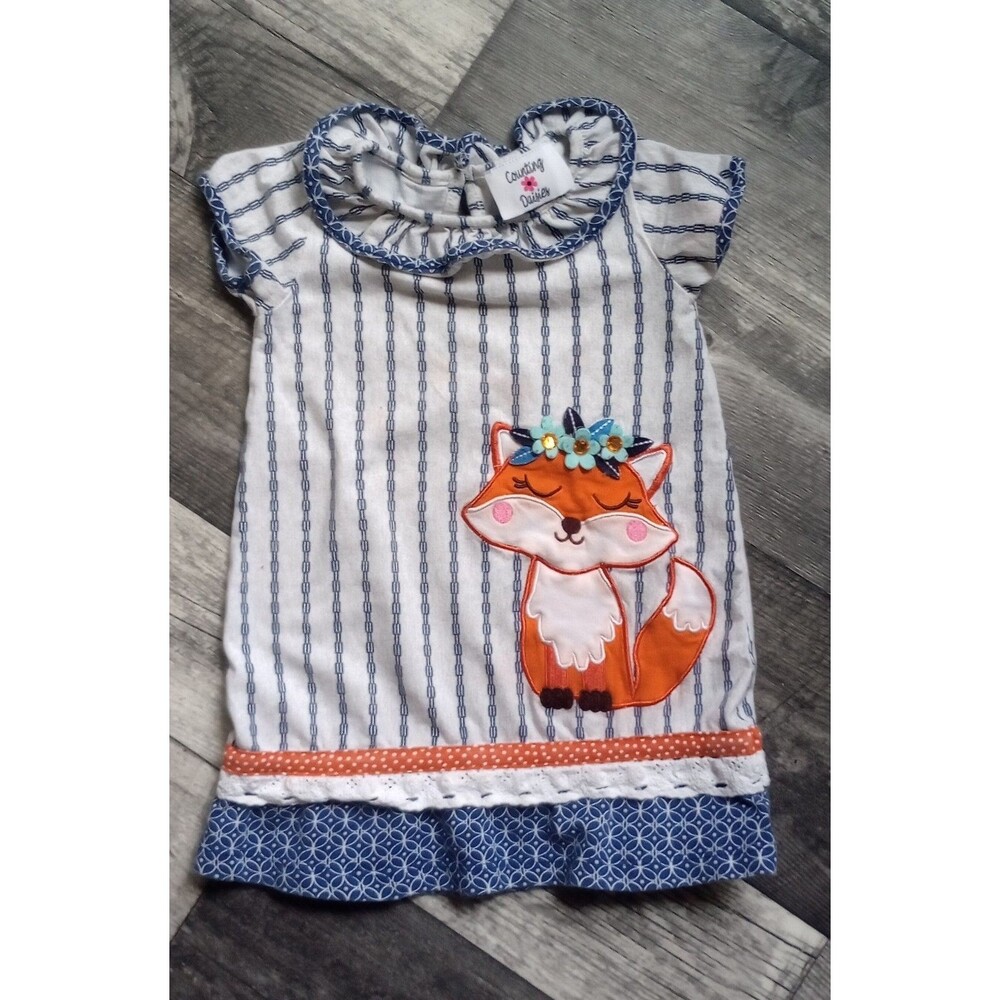 Counting Daisies Girls 2T White/Blue Stripe With Cute Fox Applque Tunic Dress